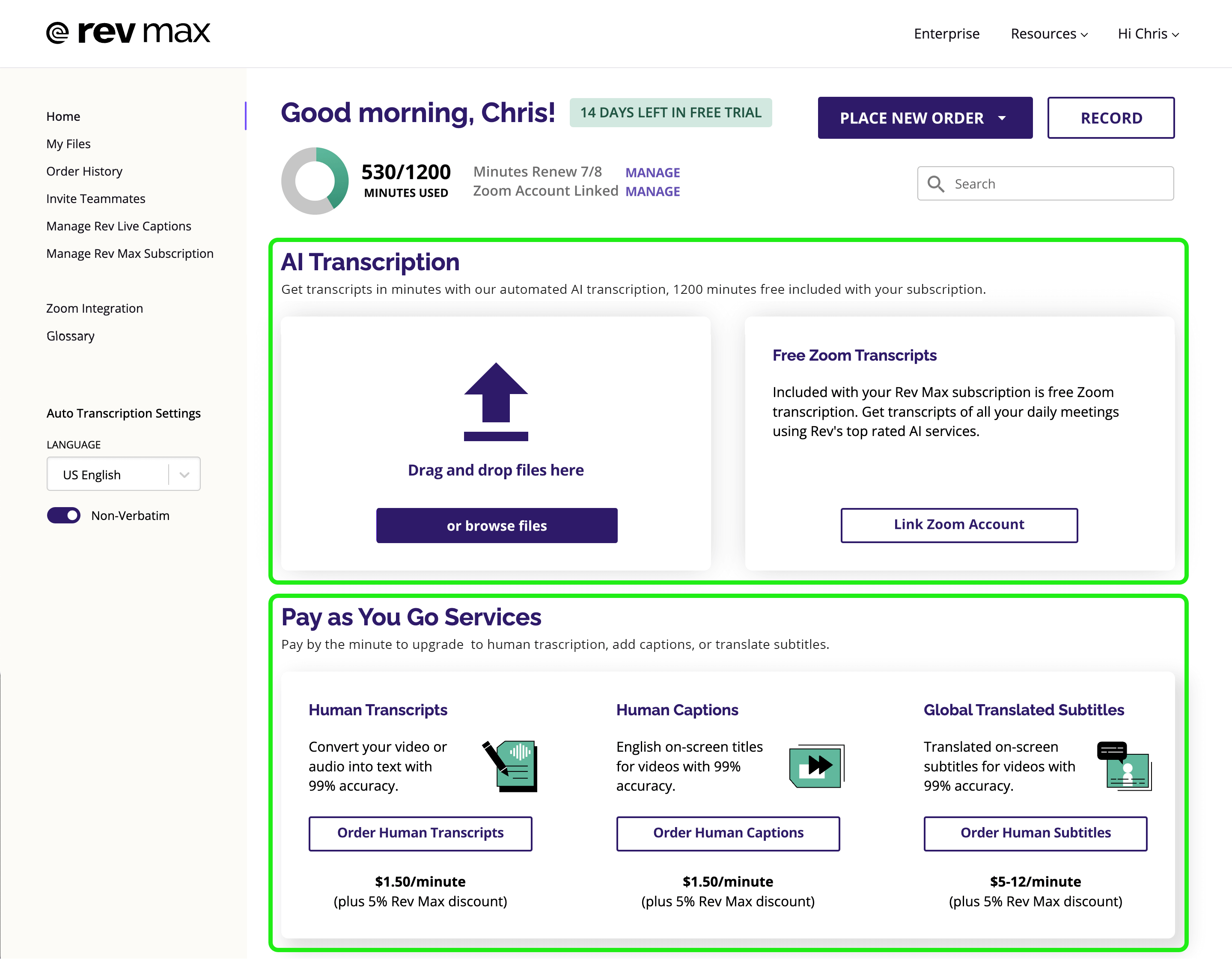 The Rev Max home screen with included and extra features clearly segmented from each other